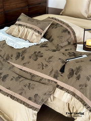Water Color Inspired Ruffle Bedding Set - Brown Green