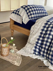 White Blue Gingham Lace Ruffle Bedding Set