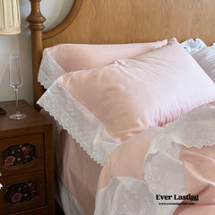 White Ruffle Lace Bedding Set - Pink
