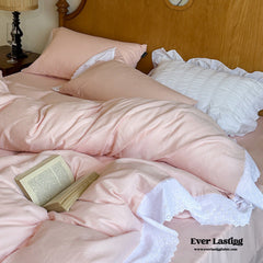 White Ruffle Lace Bedding Set - Pink