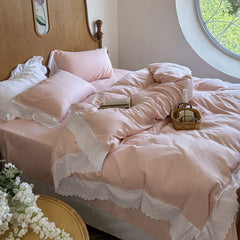 White Ruffle Lace Bedding Set - Pink