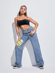 Smiley Face All-match Loose Denim Trousers