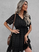 Black Wrap V Neck Swiss Dot Mini Dress with Ruffles
