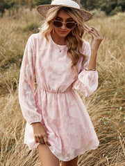 Round Neck Elastic Waist Long Sleeve Dress