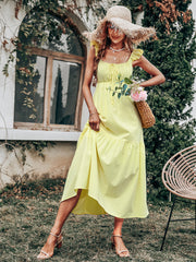 Vestido largo sin mangas con cintura alta y vuelo