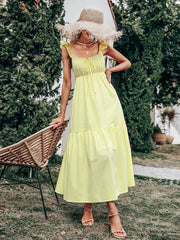 Vestido largo sin mangas con cintura alta y vuelo