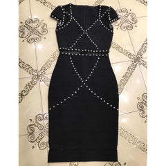 V-Ausschnitt Kurzarm gestreiftes Overknee-Bandage-Kleid HT2355