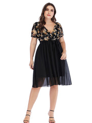 Vestido plisado con cuello en V y panel de encaje estampado