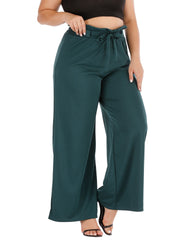 Pantalones casuales de pierna ancha con lazo holgado de color liso y micro acampanados de talla grande