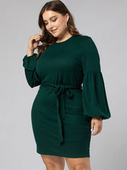 Collage Long Sleeve Round Neck Pencil Skirt Dress