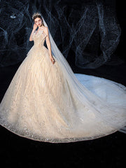 Vestido de novia de lujo con gran cola y estrellas