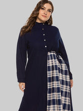 Round Neck Irregular Check Panel Loose Long Sleeve Dress