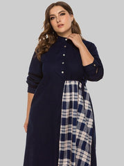 Round Neck Irregular Check Panel Loose Long Sleeve Dress