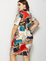 Color Print Lapel Zip Dress