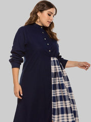 Round Neck Irregular Check Panel Loose Long Sleeve Dress