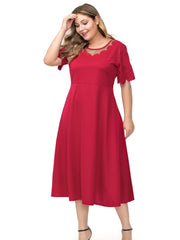 Round neck gauze stitching solid color dress