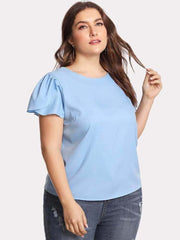 Lotus Leaf Sleeve Cotton And Linen Solid Color Temperament Round Neck