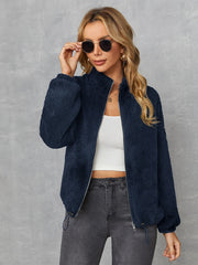 Chaqueta de franela con cremallera y hombros caídos con dobladillo con cordón ajustable