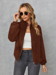 Chaqueta de franela con cremallera y hombros caídos con dobladillo con cordón ajustable