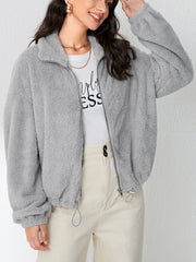 Chaqueta de franela con cremallera y hombros caídos con dobladillo con cordón ajustable