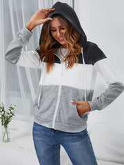 Color Block Drawstring Zipper Hooded Jacket