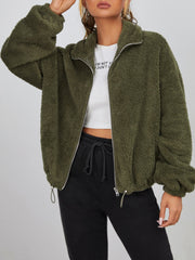 Chaqueta de franela con cremallera y hombros caídos con dobladillo con cordón ajustable