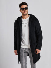 Men Open Front Hooded Flannel Coat