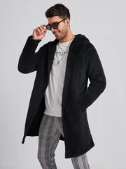Men Open Front Hooded Flannel Coat