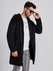 Men Open Front Hooded Flannel Coat
