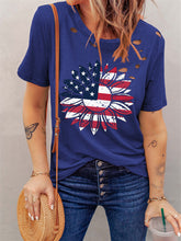 Camiseta de mezcla de algodón con cuello redondo y estampado de girasoles