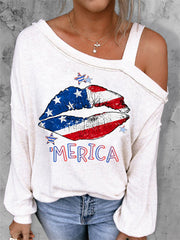 Schulterfreies Langarm-T-Shirt mit Lippenstift-Flagge