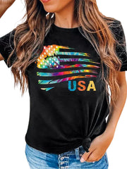 Kurzärmliges T-Shirt mit Batik-Grafikdruck und amerikanischer Flagge