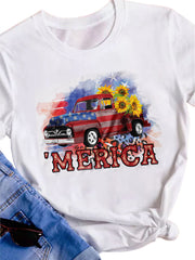 T-Shirt mit Rundhalsausschnitt und amerikanischer Flagge, Auto, Sonnenblumen-Print