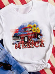 T-Shirt mit Rundhalsausschnitt und amerikanischer Flagge, Auto, Sonnenblumen-Print