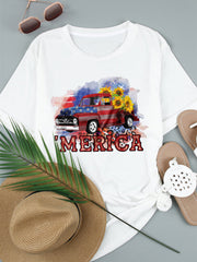 T-Shirt mit Rundhalsausschnitt und amerikanischer Flagge, Auto, Sonnenblumen-Print