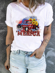 T-Shirt mit Rundhalsausschnitt und amerikanischer Flagge, Auto, Sonnenblumen-Print