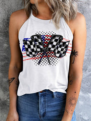 Weißes Rundhals-Top mit amerikanischer Flagge und Karomuster