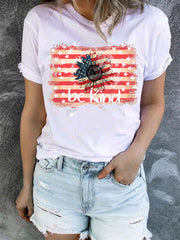 Weißes T-Shirt mit Rundhalsausschnitt und amerikanischer Flagge und Sonnenblumen-Print