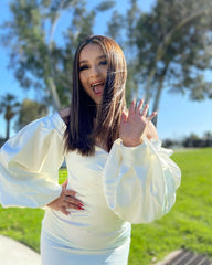 Vestido mini ajustado con hombros descubiertos y mangas largas arrugadas HI1200