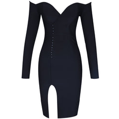 Vestido midi de vendaje con abertura y manga larga y hombros descubiertos HB7363