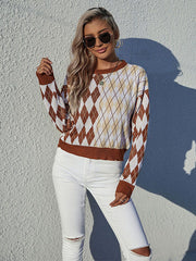 Rundhals-Langarmpullover mit Rautenkaromuster