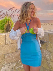 Contrasting color sleeveless halter neck lace halter ring dress women