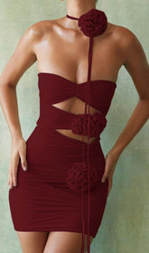 Wine Floral Embellished Mini Dress