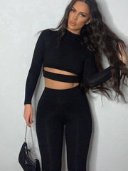 Traje deportivo y de ocio de manga larga de dos piezas de color puro para mujer