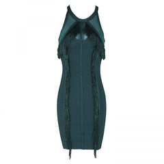 Vestido mini de vendaje con borlas y cuello halter sin mangas HQ229