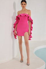 Nessa Schulterfreies Mini-Bandage-Kleid mit Rüschen - Rosa