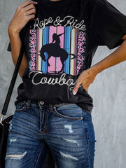 T-Shirt mit Grafik im Western-Leoparden-Print und Cowboy-Buchstaben-Print