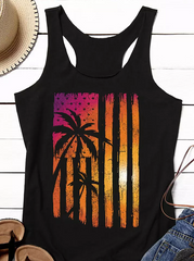 Amerikanische Flagge Kokosnussbaum Sonnenuntergang Racerback Tank