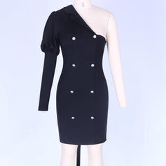 Vestido mini ajustado asimétrico de manga larga con un solo hombro HF136