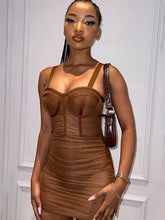 Solid color halter mesh see-through pleated short dress